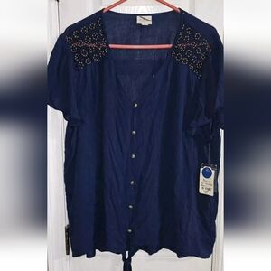 St John's Bay XL Beaded American Navy Sheer 100 % Rayon Blouse Top